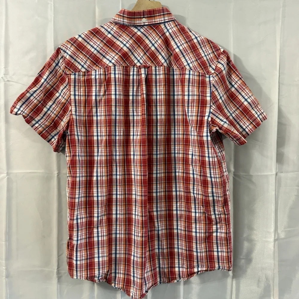 Ben Sherman Mens M Red Orange Blue Plaid Short‎ Sleeve Button-Up Shirt - Picture 5 of 8